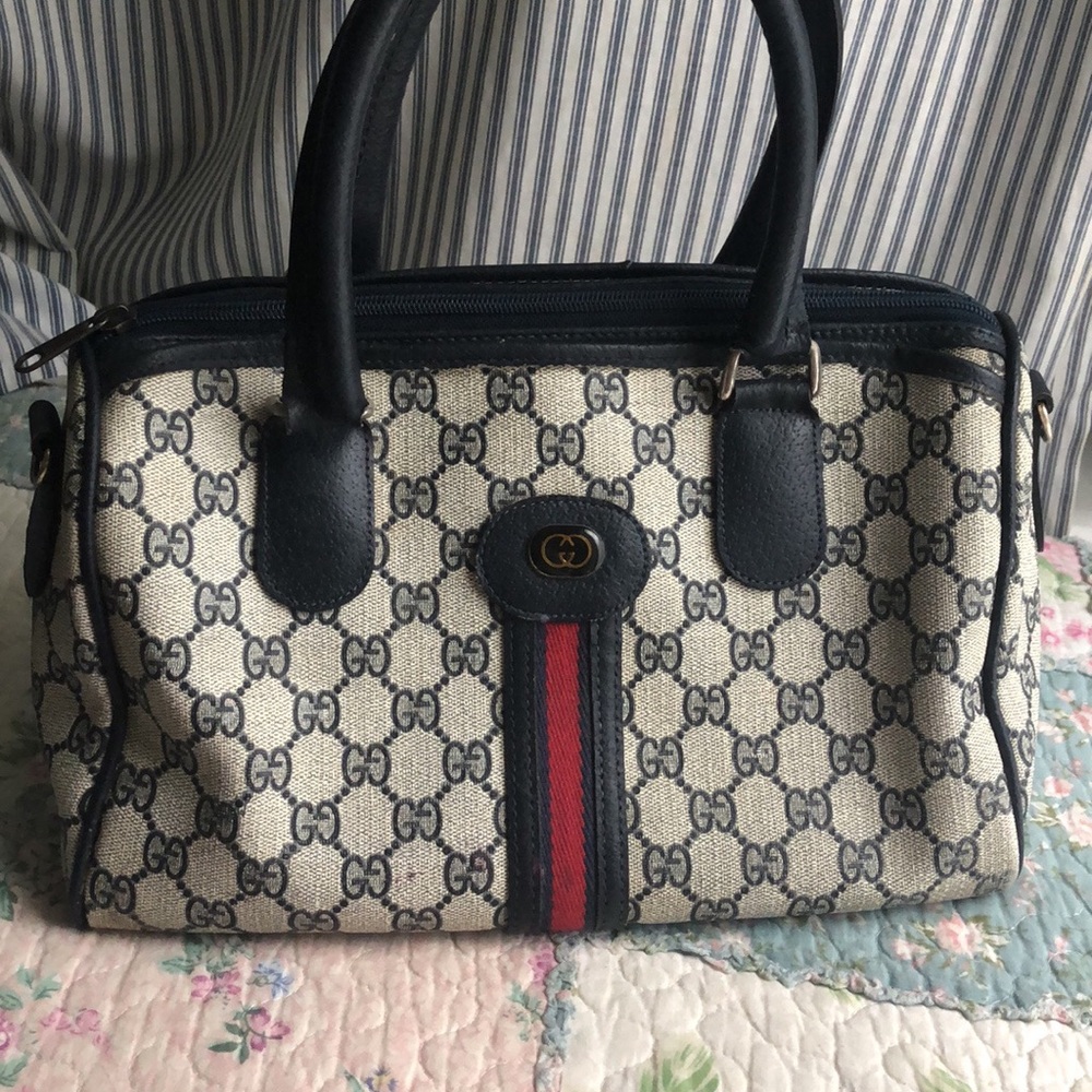 Gucci Beige GG Canvas Satchel with Navy Trim and Red Stripe